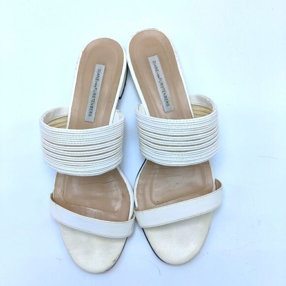 DVF Slide Sandal Low Heel Open Toe White Leather Sz 7 Diane Von Furstenberg - Picture 7 of 15